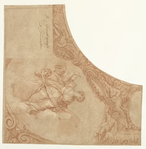 Ontwerp voor een hoekstuk van plafond met personificatie van de Gerechtigheid by Mattheus Terwesten, drawing, 1680-1757