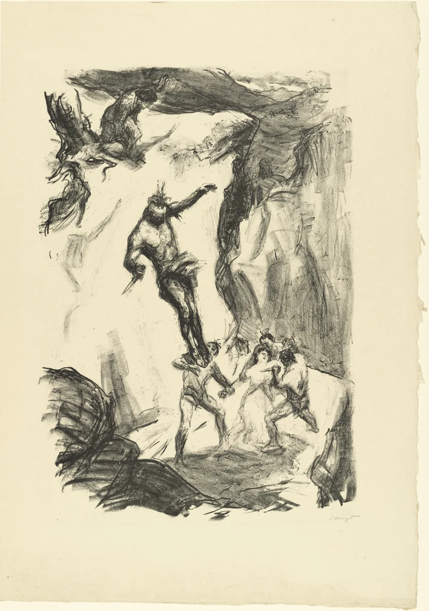 Unca Jumps Down to Save Cora (Unkas springt herab um Cora zu retten) from the supplementary suite accompanying the illustrated book Lederstrumpf-Erzählungen (The Leatherstocking Tales) by Max Slevogt, print, 1908