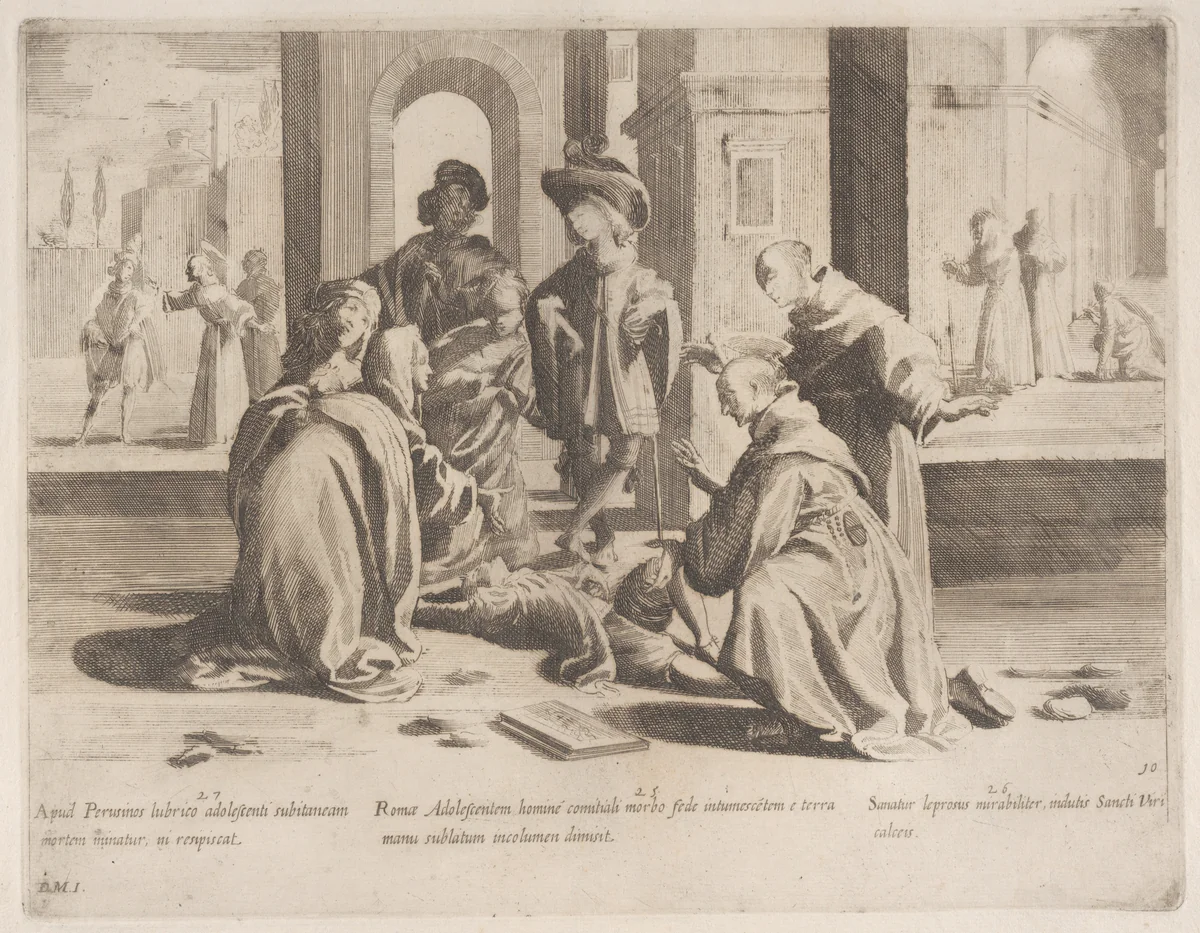 Episode 25: In Rome Saint Bernardino cures a diseased young man; Episode 26: Saint Bernardino cures a leper; Episode 27: In Perugia Saint Bernardino warns an errant young man, from "The Life of Saint Bernardino of Siena" by Bernardino Capitelli, print, 1610-1639