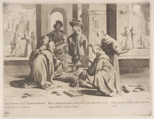 Episode 25: In Rome Saint Bernardino cures a diseased young man; Episode 26: Saint Bernardino cures a leper; Episode 27: In Perugia Saint Bernardino warns an errant young man, from "The Life of Saint Bernardino of Siena" by Bernardino Capitelli, print, 1610-1639