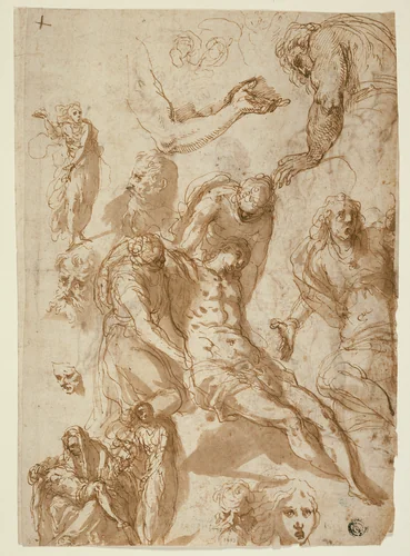 Sketches for a Lamentation and a Pietà, and of Various Figures, Heads, and an Arm (recto); Sketches of the Dead Christ, and of Various Figures and Heads (verso) by Jacopo Negretti, drawing, 1575-1585