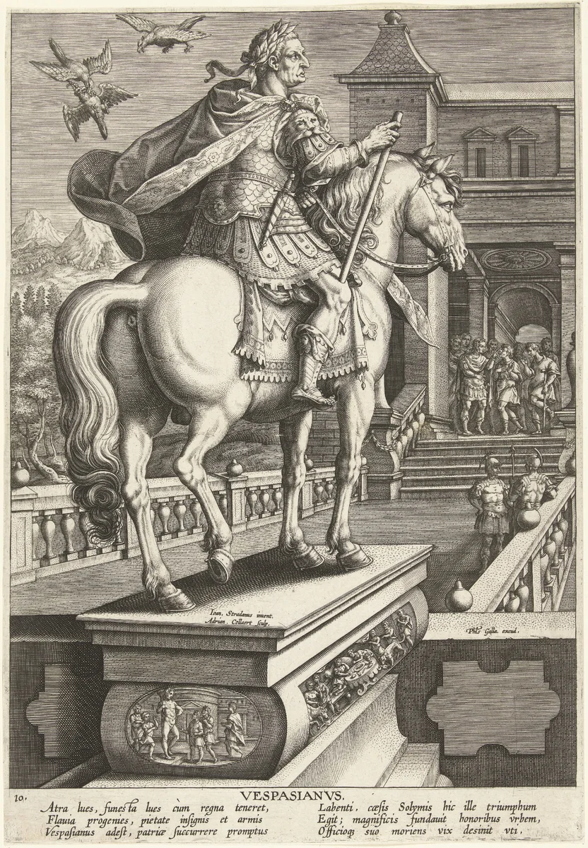 Keizer Vespasianus te paard by Unknown, print, 1587-1589