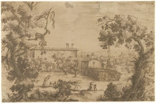 Gezicht op een Toscaans dorp by Remigio Cantagallina, drawing, 1626-1635