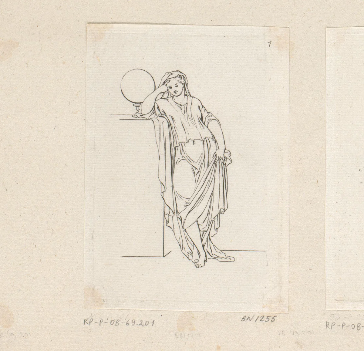 Staande vrouw leunend naast een globe by Sébastien Leclerc, print, 1706