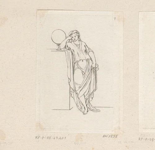 Staande vrouw leunend naast een globe by Sébastien Leclerc, print, 1706