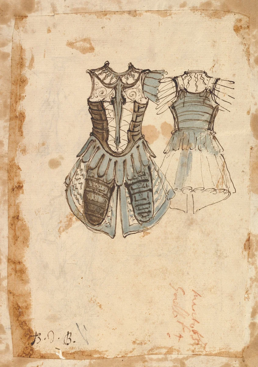 Design for a Soldier's Costume with a Cuirass (front and back) by Baccio del Bianco, drawing, 1604-1656