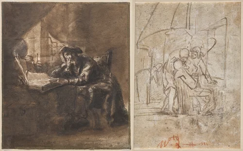 An Old Man Seated at a Table, His Head Resting on His Right Hand (recto); The Healing of Tobit (verso) by Ferdinand Bol, drawing, 1640-1660