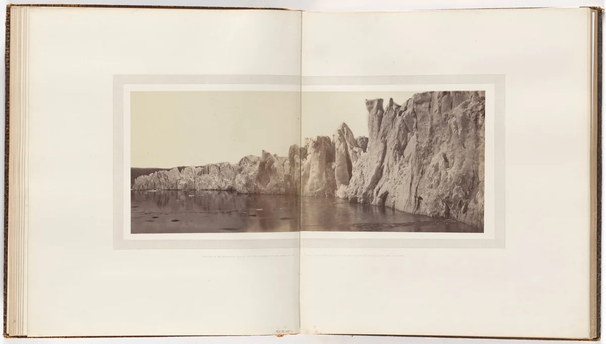 "View of the Sermitsialik Glacier, the front extending into the middle of the Fiord, showing over one mile of its front, which was over 275 above the water." by George P. Critcherson, John L. Dunmore, William Bradford, photograph, 1869