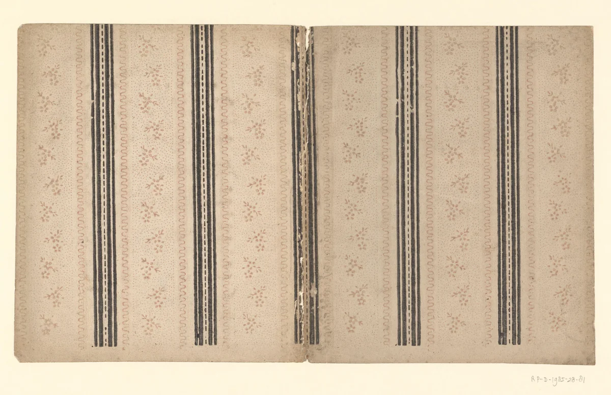 Twee bladen met banenpatroon met baanvulling van bloemtakje op puntenfond tussen slingerende en rechte lijnen by anonymous, other, 1750-1900