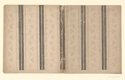 Twee bladen met banenpatroon met baanvulling van bloemtakje op puntenfond tussen slingerende en rechte lijnen by anonymous, other, 1750-1900