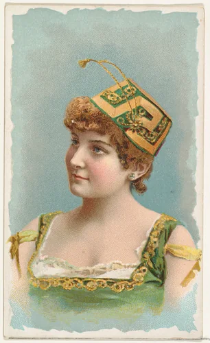 Actress wearing green and yellow fez, from Stars of the Stage, First Series (N129) issued by W. Duke, Sons & Co. to promote Honest Long Cut Tobacco by W. Duke, Sons & Co., print, 1890