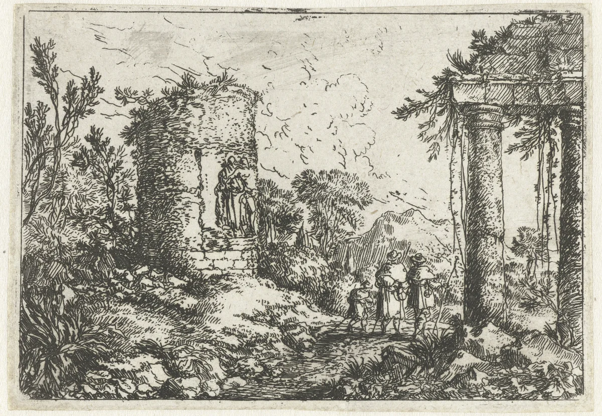 Landschap met ruïnes en drie pelgrims by Jonas Umbach, print, 1634-1693