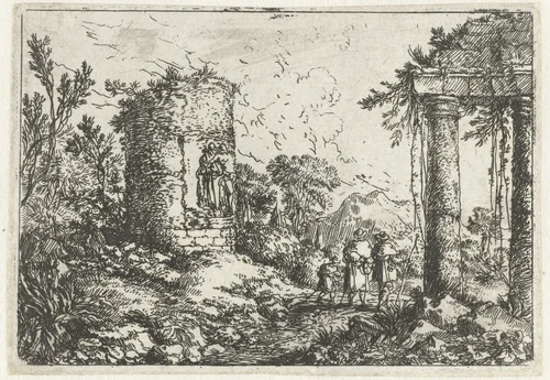 Landschap met ruïnes en drie pelgrims by Jonas Umbach, print, 1634-1693