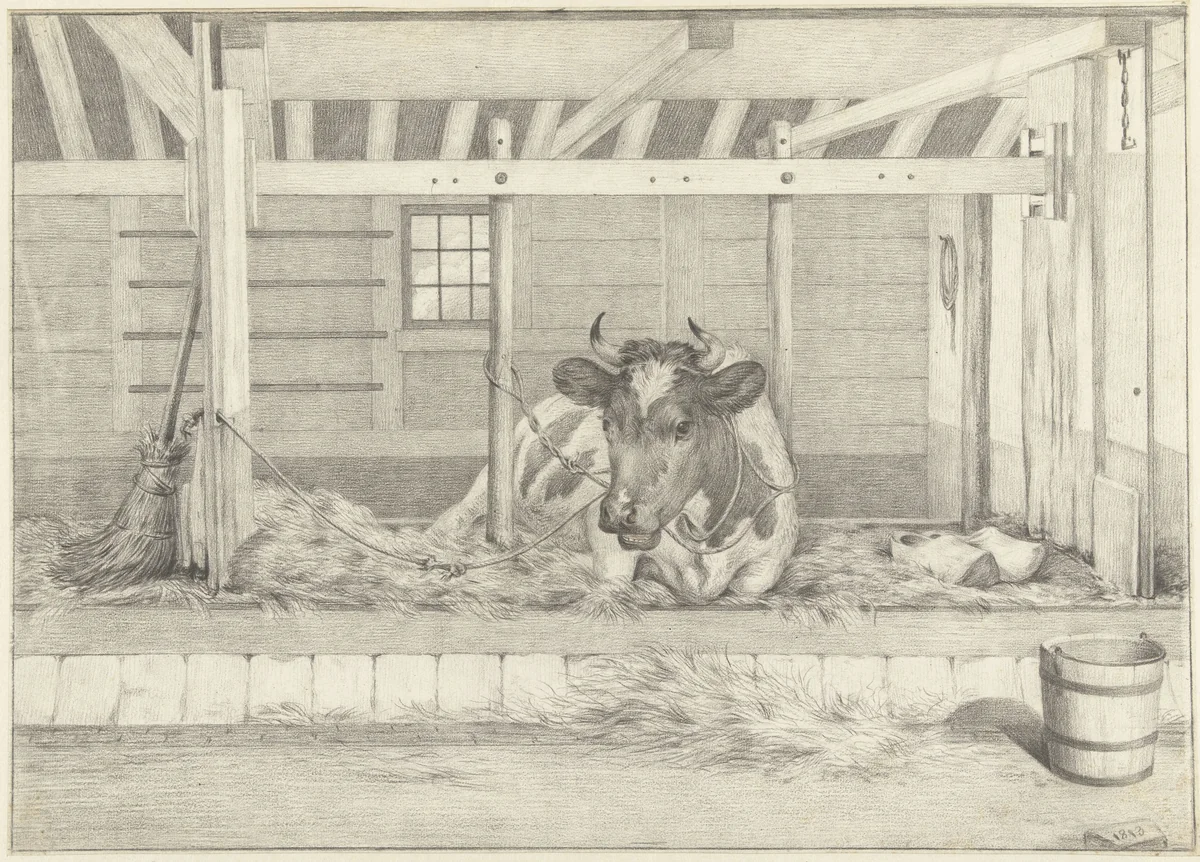 Liggende koe in een stal by Jean Bernard, drawing, 1813