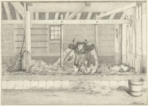 Liggende koe in een stal by Jean Bernard, drawing, 1813