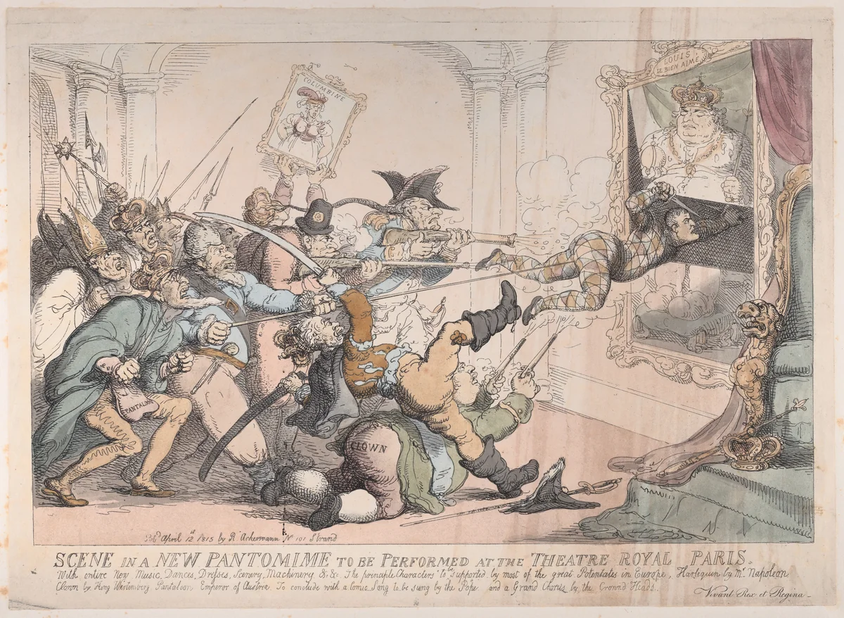 Scene in a New Pantomime to be Performed at the Theatre Royal Paris by Thomas Rowlandson, print, 1815