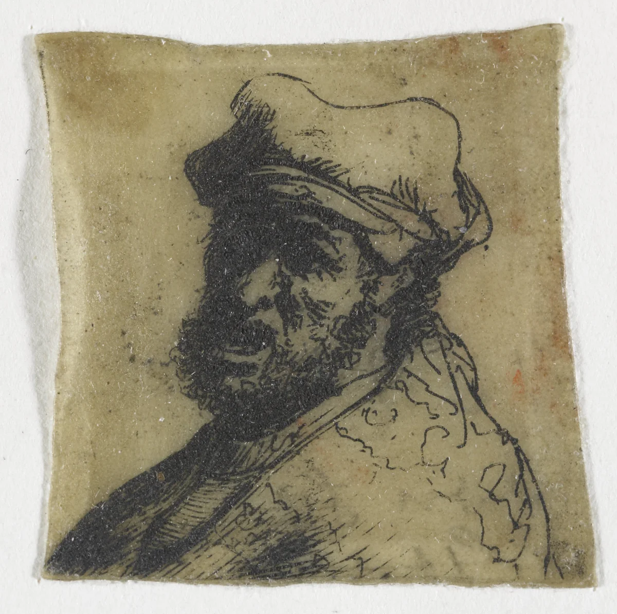 Sheet of studies of men's heads: man crying out, three quarters left: bust by Rembrandt van Rijn, print, 1629