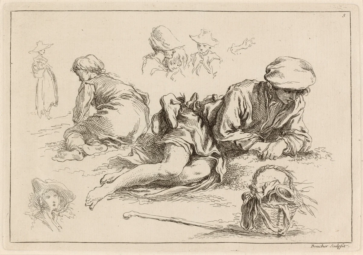 Figure Studies including Reclining Boy by François Boucher, print, 1735