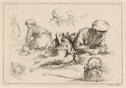 Figure Studies including Reclining Boy by François Boucher, print, 1735