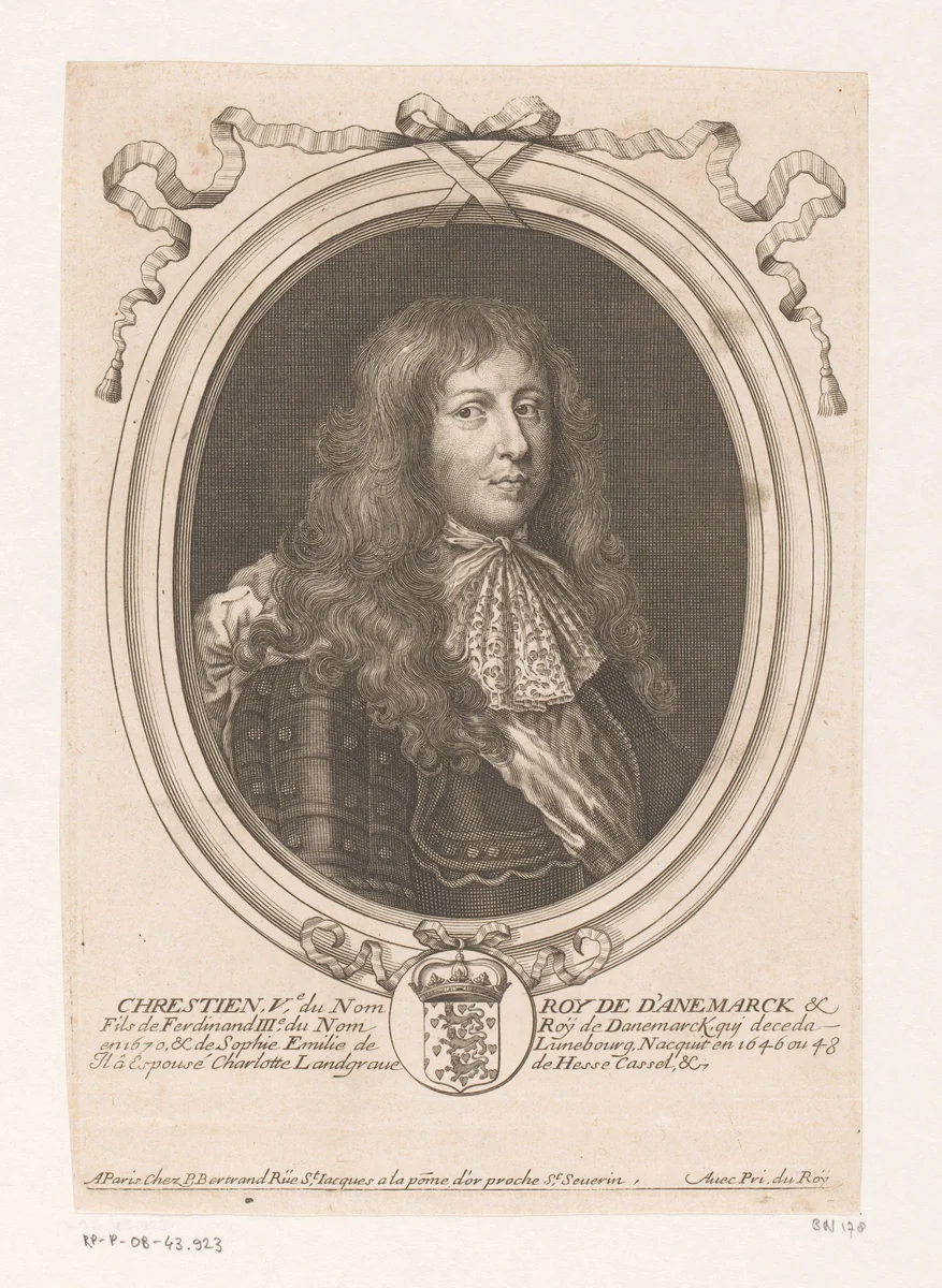 Portret van Christiaan V, koning van Denemarken en Noorwegen by Nicolas de Larmessin, print, 1642-1678