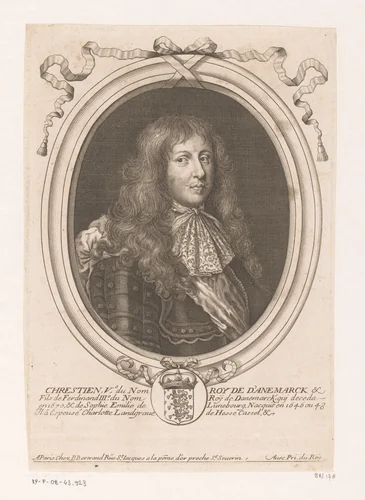 Portret van Christiaan V, koning van Denemarken en Noorwegen by Nicolas de Larmessin, print, 1642-1678
