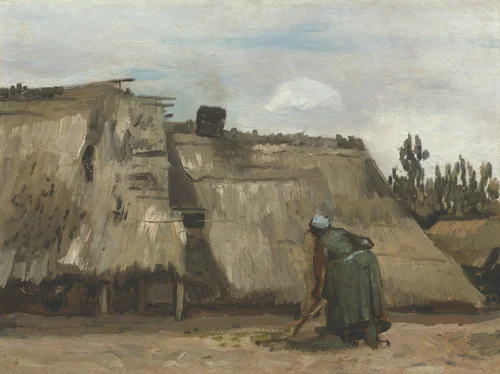 A Peasant Woman Digging in Front of Her Cottage by Vincent van Gogh, painting, 1880-1890