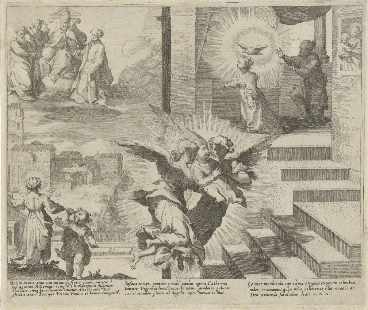 Visioen van Catharina / Catharina door engelen trap opgedragen / Catharina in gebed by Pieter de Jode, print, 1597