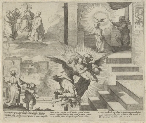 Visioen van Catharina / Catharina door engelen trap opgedragen / Catharina in gebed by Pieter de Jode, print, 1597