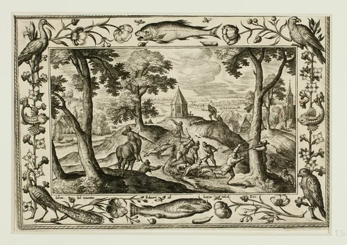 Wolf Hunt, from Landscapes with Old and New Testament Scenes and Hunting Scenes by Adriaen Collaert, print, 1584