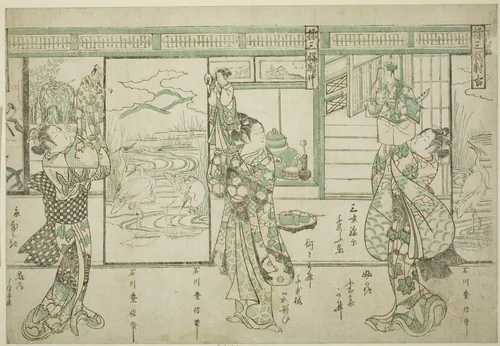 Puppeteers - A Set of Three (Ayatsuri sanpukutsui) by Ishikawa Toyonobu, print, 1747-1757