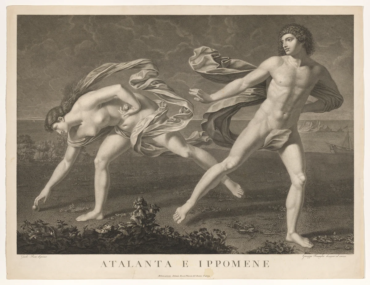 Atalanta at left picking up the golden apple dropped by Hippomenes at right, after Reni by Giuseppe Benaglia, print, 1810-1835