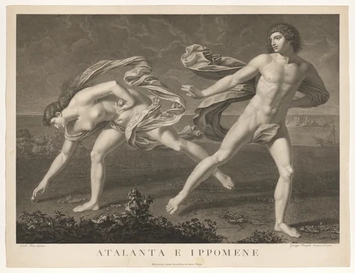Atalanta at left picking up the golden apple dropped by Hippomenes at right, after Reni by Giuseppe Benaglia, print, 1810-1835