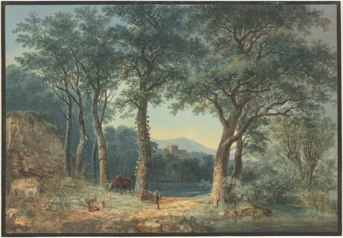 A Wooded Lakeside with an Italianate Villa by Ludwig Hess, drawing, 1796