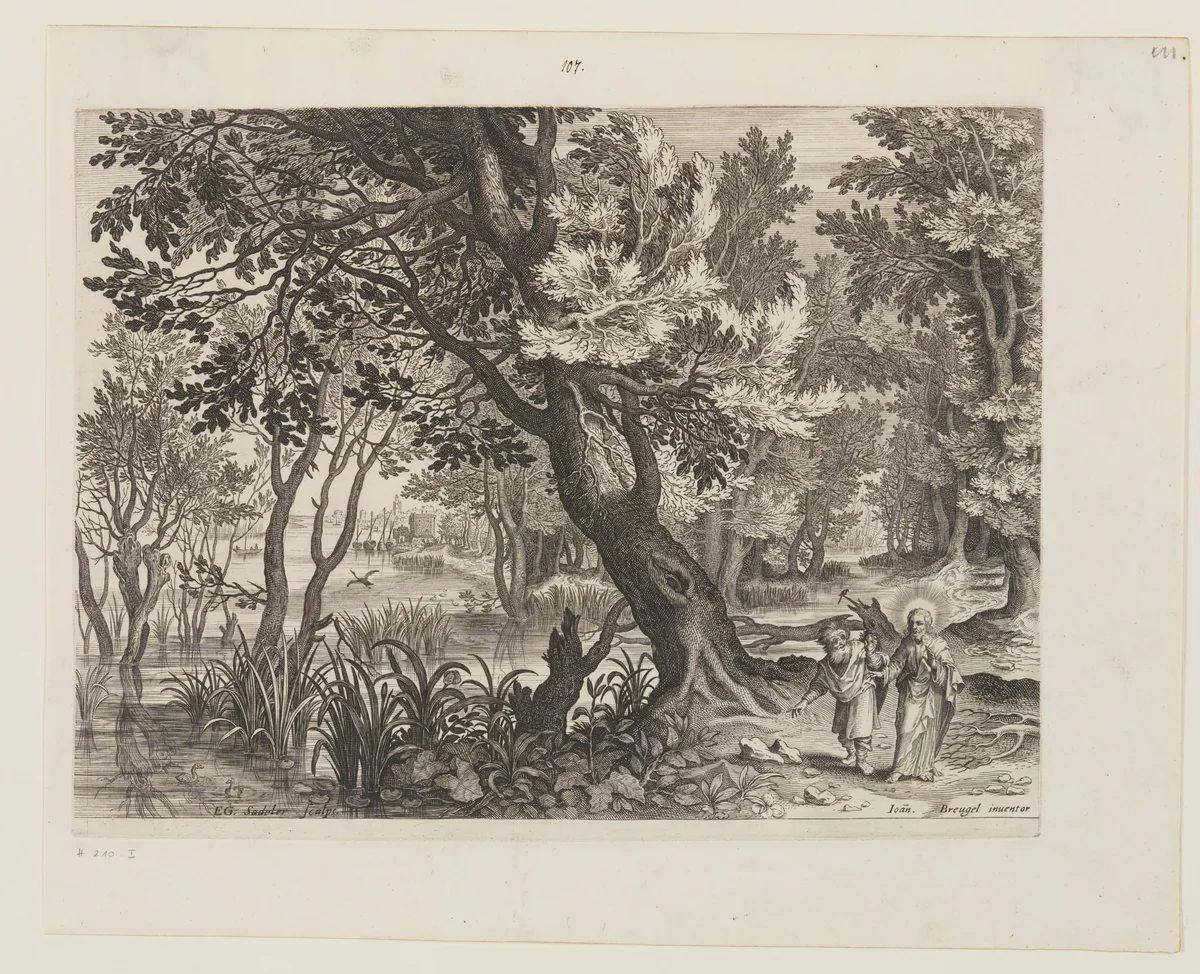 Riverscape with The Temptation of Christ by Aegidius Sadeler Jan Brueghel, print, 1590-1620