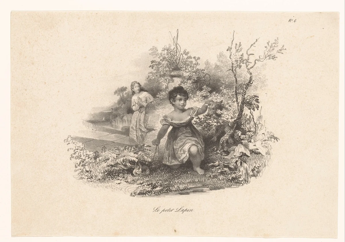 Twee meisjes met een hond en een konijn by Louis Thomas Bardel, print, 1832