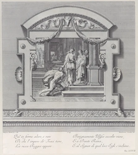 Plate 27: Ulysses received by Alcinous king of Phoeacia and his Queen Areta after his shipwreck by Bartolomeo Crivellari, print, 1756