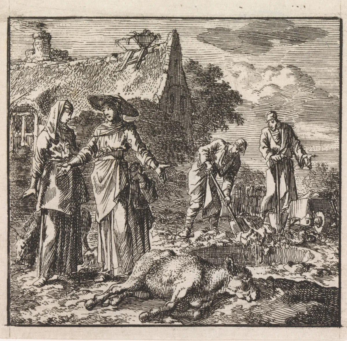 Twee vrouwen bij een verdronken kalf by Jan Luyken, print, 1710