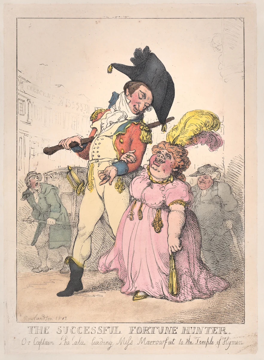 The Successful Fortune Hunter, or Captain Shelalee Leading Miss Marrowfat to the Temple of Hymen by Thomas Rowlandson, print, 1802-1812
