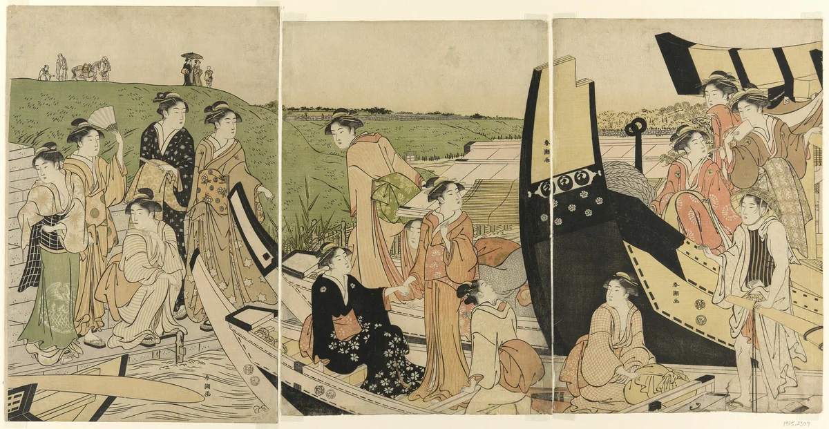 Pleasure Boats at a Landing by Katsukawa Shuncho, print, 1775-1806