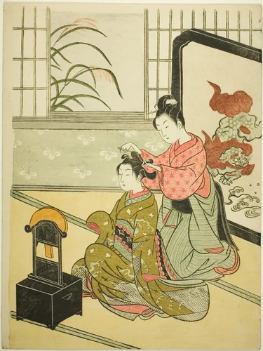 Autumn Moon in the Mirror (Kyodai no shugetsu), from the series "Eight Views of the Parlor (Zashiki hakkei)" by Suzuki Harunobu (鈴木春信), print, 1761-1770