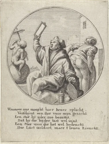 Dokter bespiedt met een spiegel het achterwerk van een vrouw by Wenceslaus Hollar, print, 1644-1652