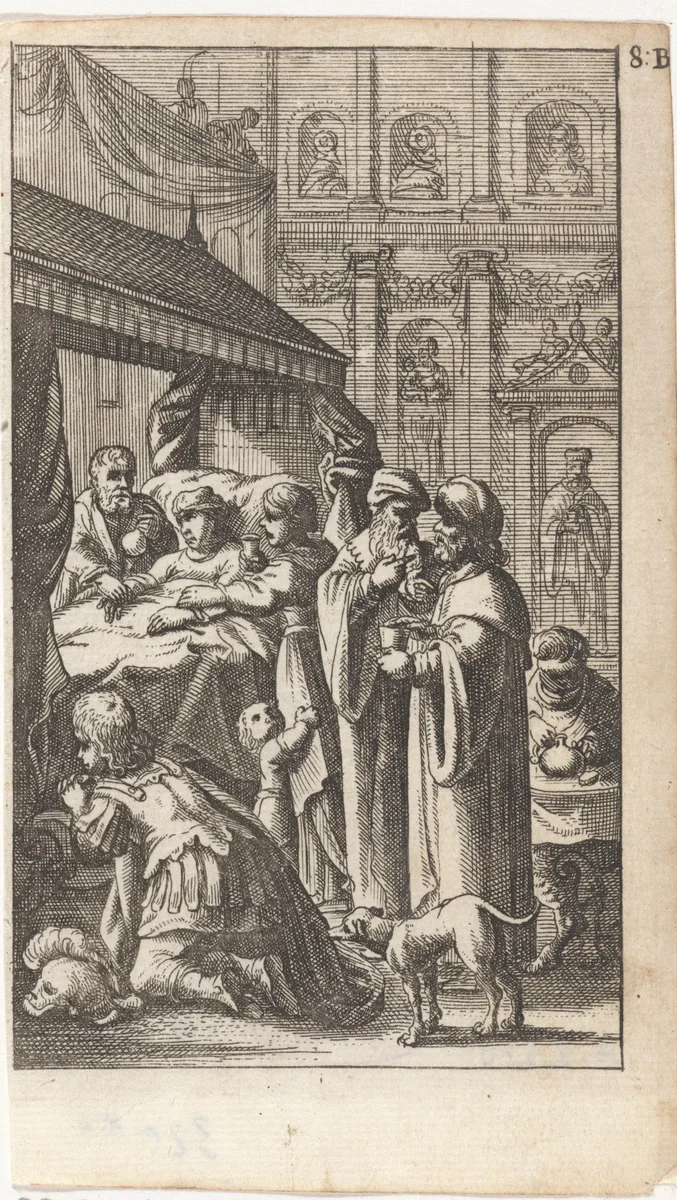 Bezoek aan een ziekbed by Abraham Dircksz. Santvoort, print, 1667