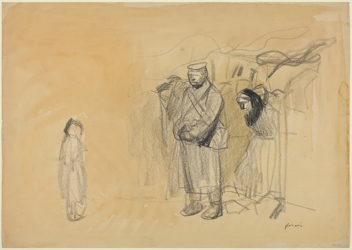 a) German Soldiers and French Child (recto); b) Woman and Child (verso) by Jean-Louis Forain, drawing, 1914-1919