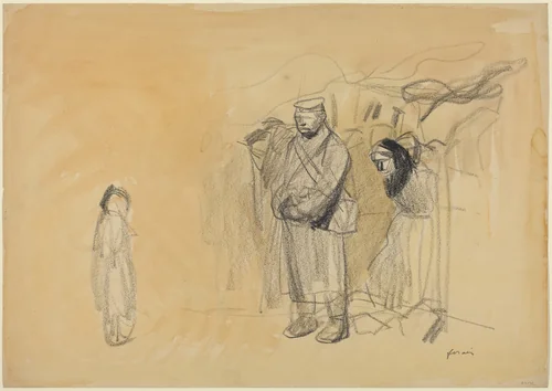 a) German Soldiers and French Child (recto); b) Woman and Child (verso) by Jean-Louis Forain, drawing, 1914-1919