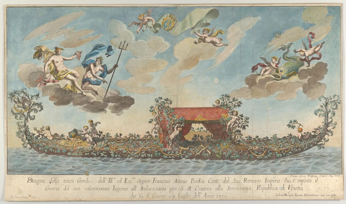 The highly ornamented third gondola of Francesco Antonio Berka entering Venice, Gods on clouds in the upper section by Johann Georg Wolfgang, print, 1700