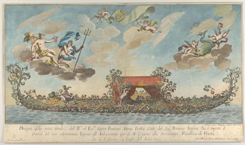 The highly ornamented third gondola of Francesco Antonio Berka entering Venice, Gods on clouds in the upper section by Johann Georg Wolfgang, print, 1700