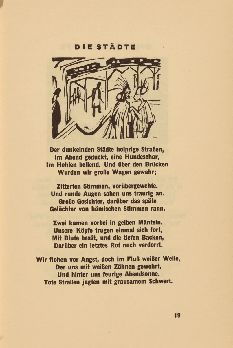 Die Städte (The Cities) (headpiece, page 19) from Georg Heym: Umbra Vitae (Georg Heym: The Shadow of Life) by Ernst Ludwig Kirchner, volume, 1924