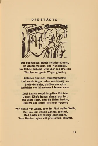 Die Städte (The Cities) (headpiece, page 19) from Georg Heym: Umbra Vitae (Georg Heym: The Shadow of Life) by Ernst Ludwig Kirchner, volume, 1924
