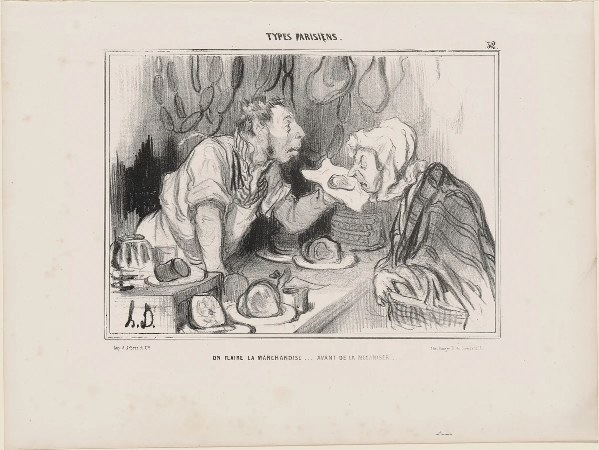 On flaire la marchandise... avant de la mécaniser!... by Honoré Daumier, print, 1839