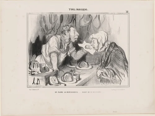 On flaire la marchandise... avant de la mécaniser!... by Honoré Daumier, print, 1839